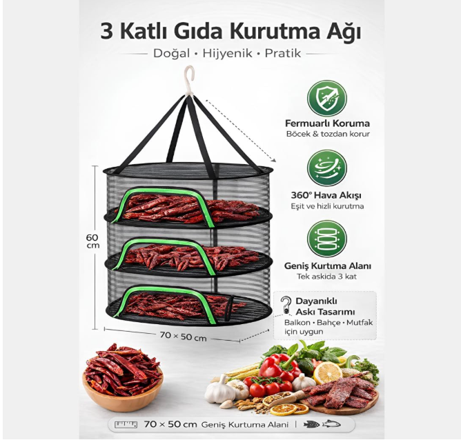 Gıda ve Kıyafet Kurutma Ağı 3 Katlı - Fermuarlı ve Katlanabilir Askılı Meyve Sebze Kurutucu File, Böcek ve Toz Korumalı, 360° Hava Akışlı Bitki, Mantar, Biber ve Et Kurutma Kafesi