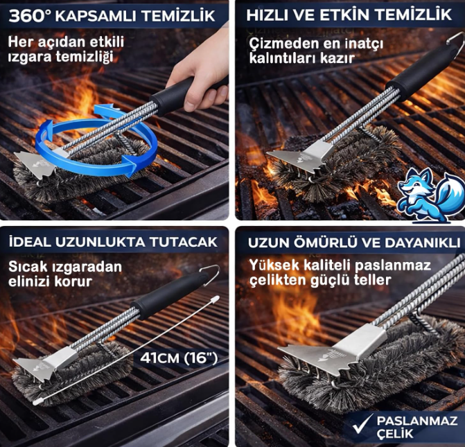 Paslanmaz Çelik Izgara Mangal Temizleme Fırçası | Kazıyıcılı, 360º Kapsamlı, 3 Başlı, Ergonomik Tutacaklı Barbekü Fırçası