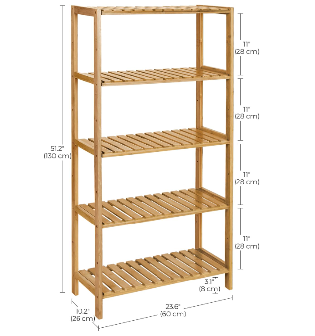 Banyo Rafı 5 Katlı Bambu Dik Raf 9 Seviyede Yüksekliği Ayarlanabilir Çok Fonksiyonlu, Oturma Odası, Koridor, Mutfak İçin Uygun 60x26x130 cm Doğal Renk