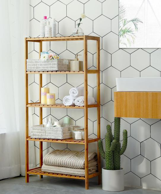 Banyo Rafı 5 Katlı Bambu Dik Raf 9 Seviyede Yüksekliği Ayarlanabilir Çok Fonksiyonlu, Oturma Odası, Koridor, Mutfak İçin Uygun 60x26x130 cm Doğal Renk