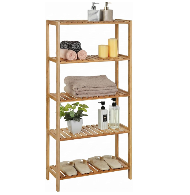Banyo Rafı 5 Katlı Bambu Dik Raf 9 Seviyede Yüksekliği Ayarlanabilir Çok Fonksiyonlu, Oturma Odası, Koridor, Mutfak İçin Uygun 60x26x130 cm Doğal Renk