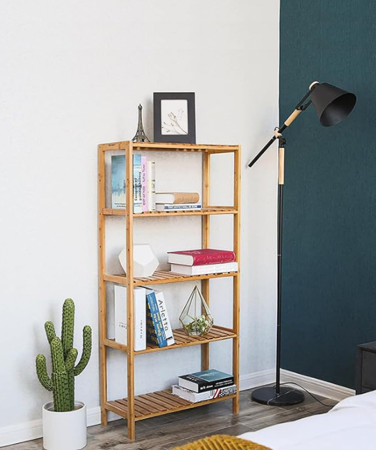 Banyo Rafı 5 Katlı Bambu Dik Raf 9 Seviyede Yüksekliği Ayarlanabilir Çok Fonksiyonlu, Oturma Odası, Koridor, Mutfak İçin Uygun 60x26x130 cm Doğal Renk