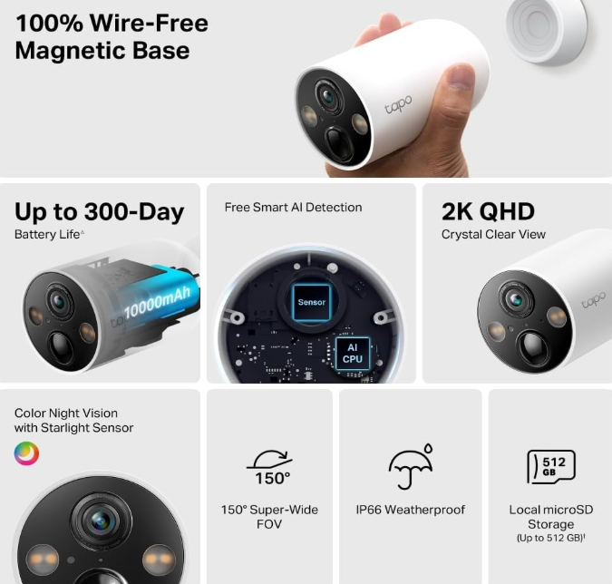 Tapo C425, 2K 4MP QHD, AI Desteği, Renkli Gece Görüşü, 300 Gün Şarj Süresi, Su Geçirmez, Yerel/Bulut Depolama, 150° Geniş Açılı, Solar Panel Desteği, Kablosuz Bataryalı Güvenlik Kamerası